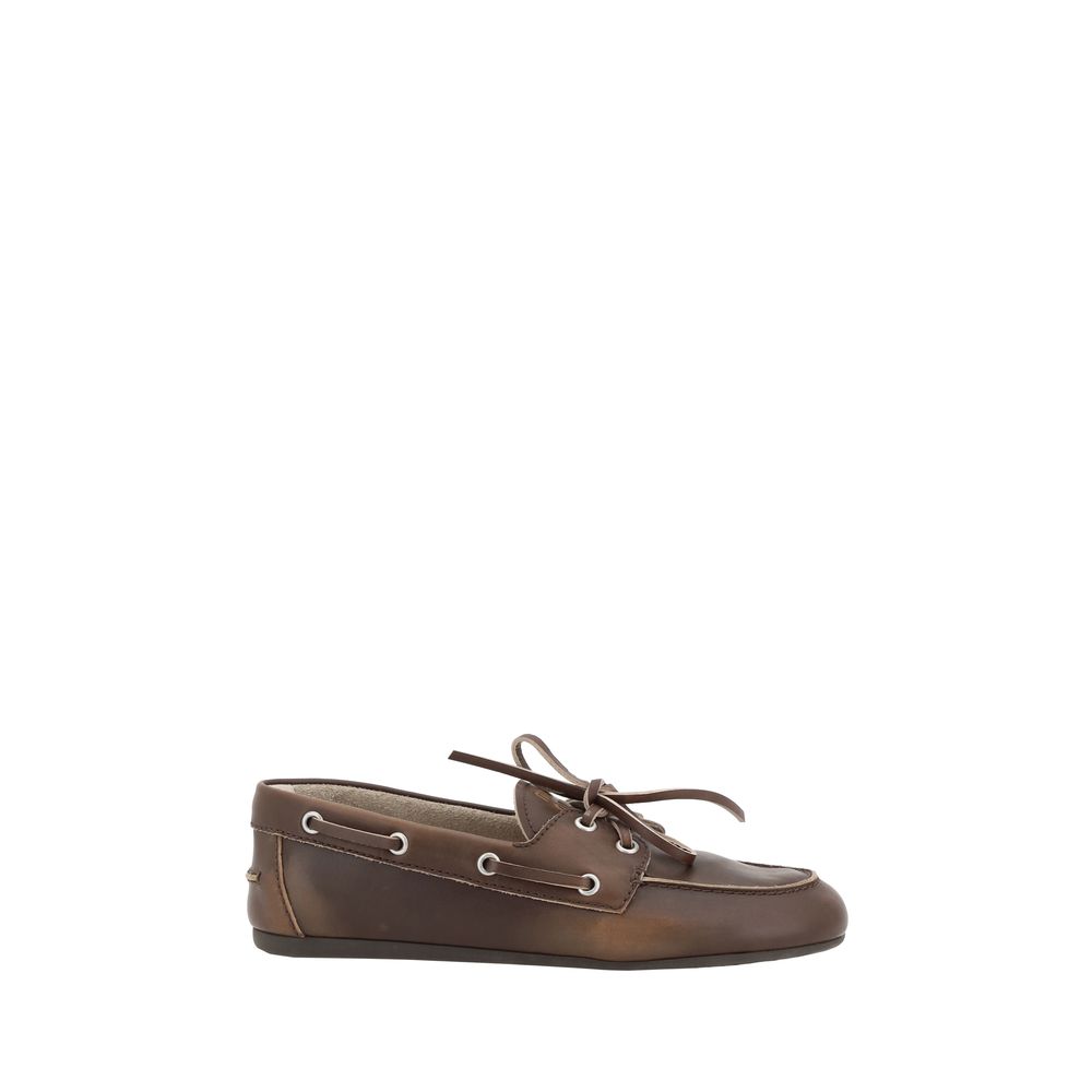 Miu Miu Brown Calf Leather Unlined Boat Slip-On Loafers