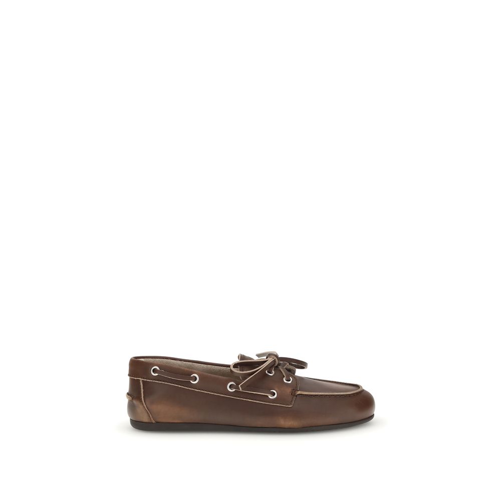 Miu Miu Brown Calf Leather Unlined Boat Slip-On Loafers