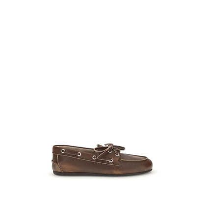 Miu Miu Brown Calf Leather Unlined Boat Slip-On Loafers