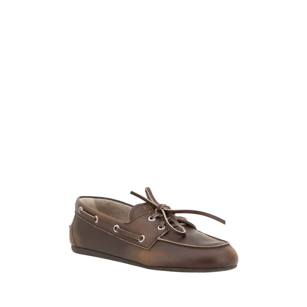 Miu Miu Brown Calf Leather Unlined Boat Slip-On Loafers