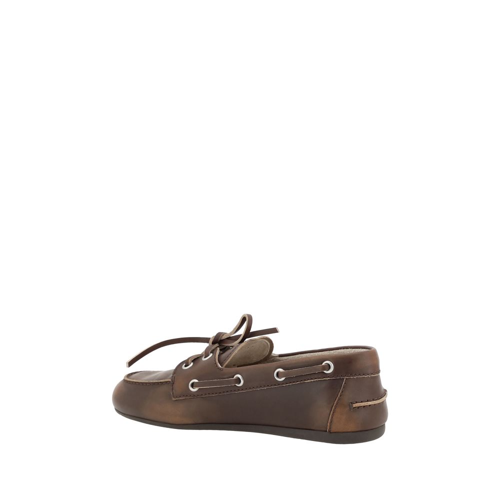 Miu Miu Brown Calf Leather Unlined Boat Slip-On Loafers