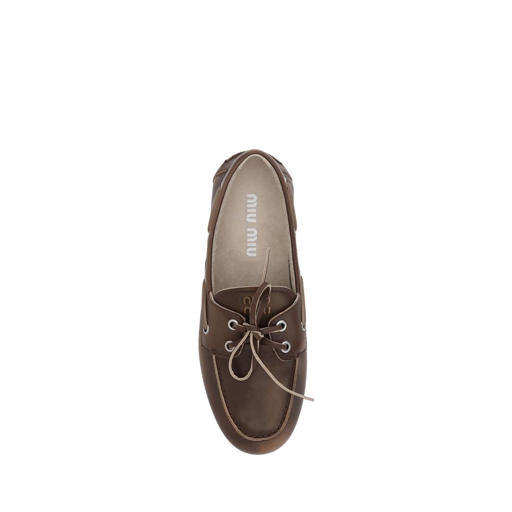 Miu Miu Brown Calf Leather Unlined Boat Slip-On Loafers