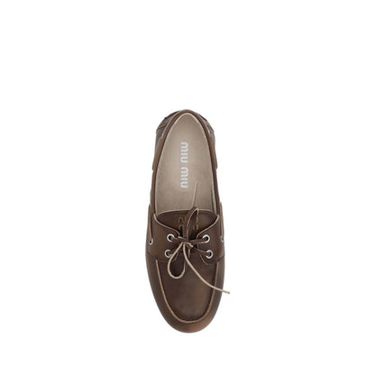 Miu Miu Brown Calf Leather Unlined Boat Slip-On Loafers