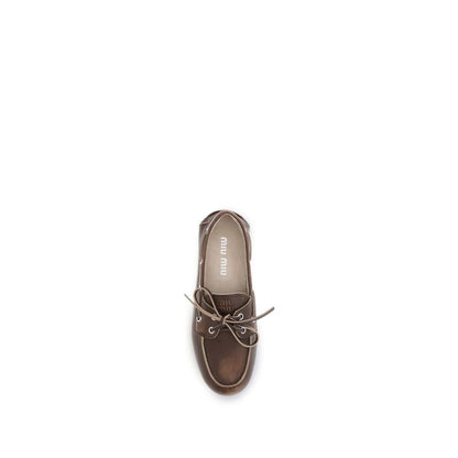 Miu Miu Brown Calf Leather Unlined Boat Slip-On Loafers