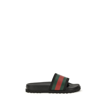 Gucci Black Pool Slide Web Stripe Sandals for Men