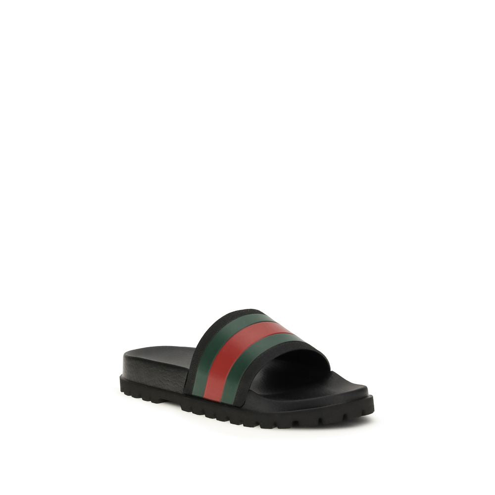 Gucci Black Pool Slide Web Stripe Sandals for Men