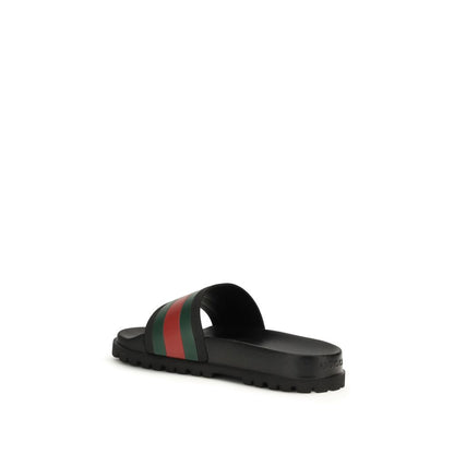 Gucci Black Pool Slide Web Stripe Sandals for Men
