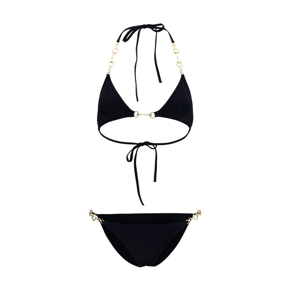 Gucci Black Stretch Bikini with Gold Tone Horsebit Chain