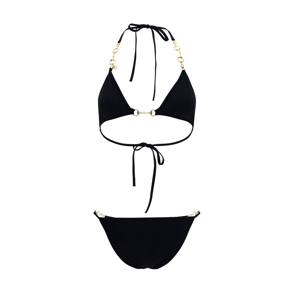 Gucci Black Stretch Bikini with Gold Tone Horsebit Chain