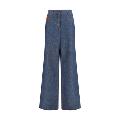 Fendi Blue Cotton Wide-Leg Chambray Denim Jeans