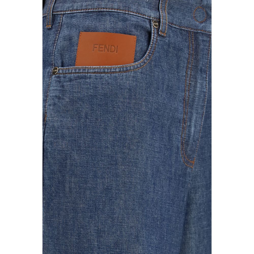 Fendi Blue Cotton Wide-Leg Chambray Denim Jeans