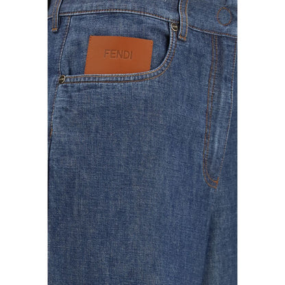 Fendi Blue Cotton Wide-Leg Chambray Denim Jeans