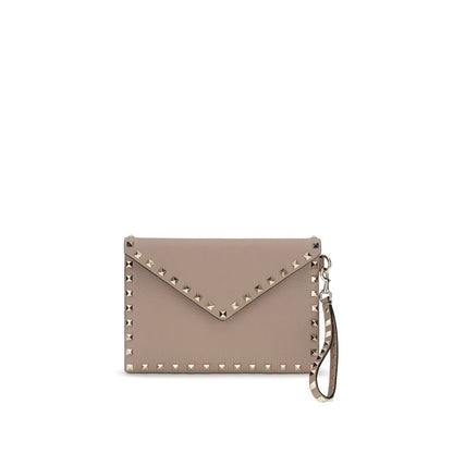 Valentino Garavani Beige Calf Leather Rockstud Pouch Wallet