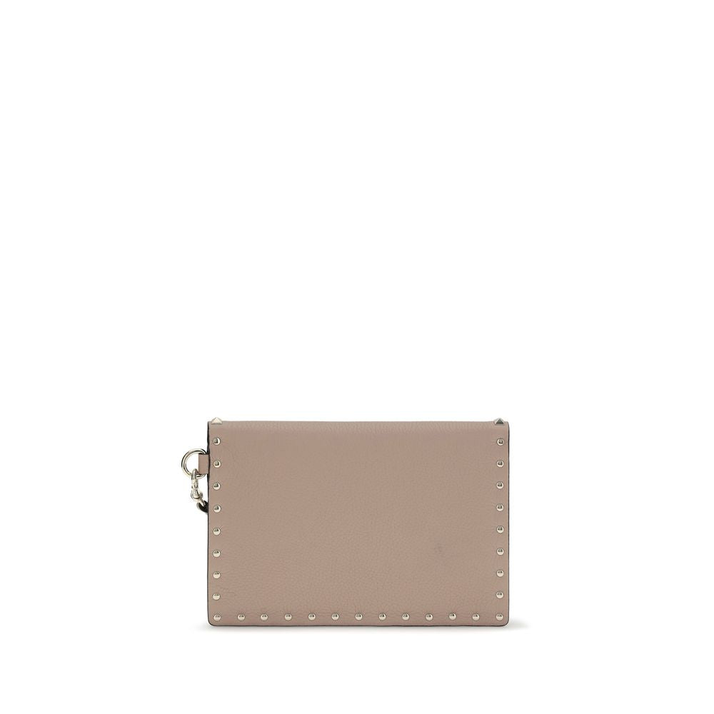 Valentino Garavani Beige Calf Leather Rockstud Pouch Wallet