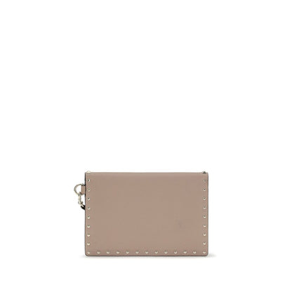 Valentino Garavani Beige Calf Leather Rockstud Pouch Wallet