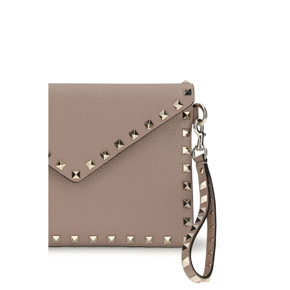Valentino Garavani Beige Calf Leather Rockstud Pouch Wallet