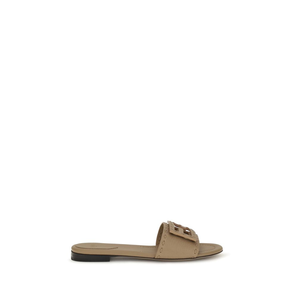Fendi Beige Leather Signature Baguette Flat Slide Sandals