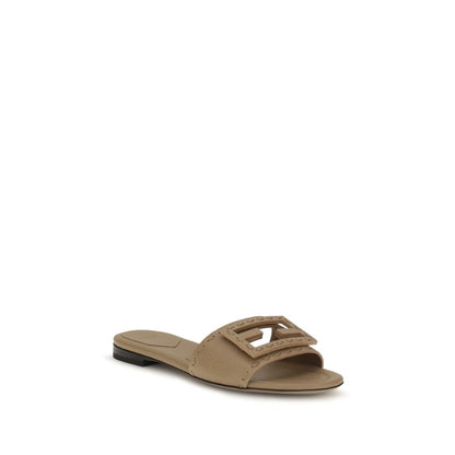 Fendi Beige Leather Signature Baguette Flat Slide Sandals