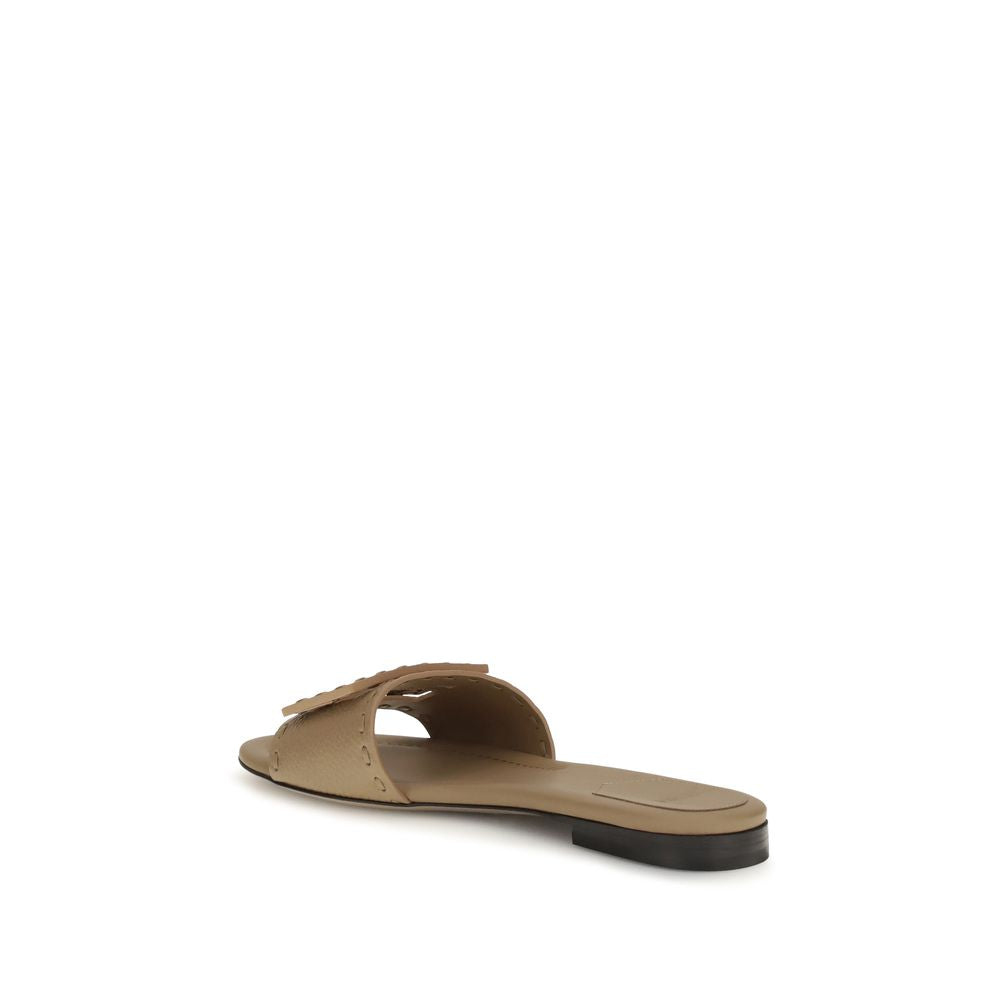 Fendi Beige Leather Signature Baguette Flat Slide Sandals