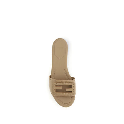 Fendi Beige Leather Signature Baguette Flat Slide Sandals