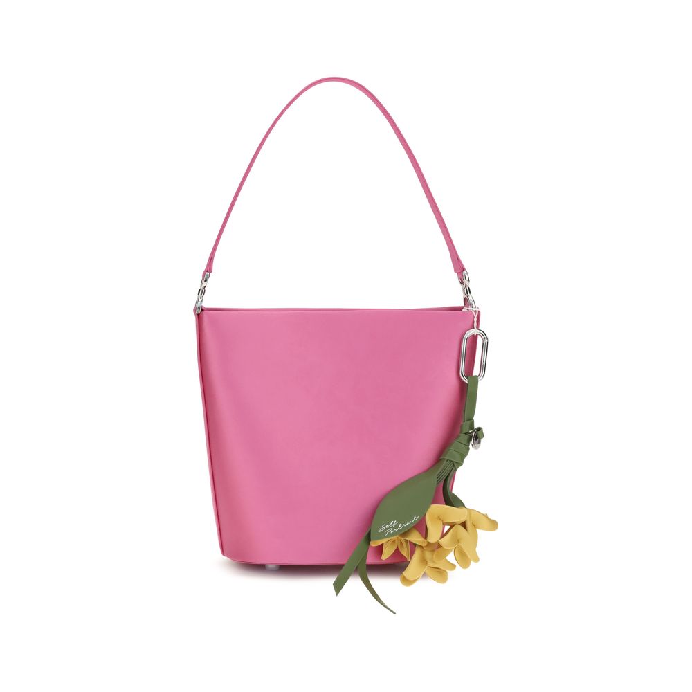 Self-Portrait Pink Satin Bucket Bag with Floral Charm
