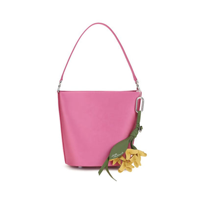 Self-Portrait Pink Satin Bucket Bag with Floral Charm