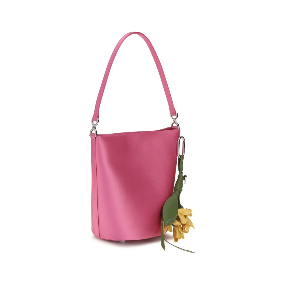 Self-Portrait Pink Satin Bucket Bag with Floral Charm