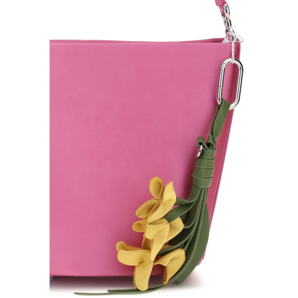Self-Portrait Pink Satin Bucket Bag with Floral Charm