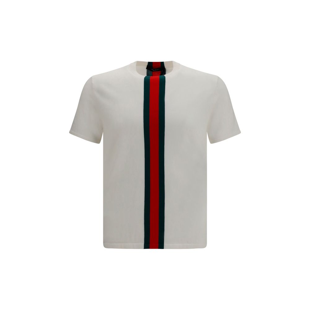 Gucci White Cotton Knit T-Shirt with Web Intarsia