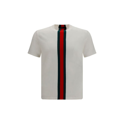 Gucci White Cotton Knit T-Shirt with Web Intarsia