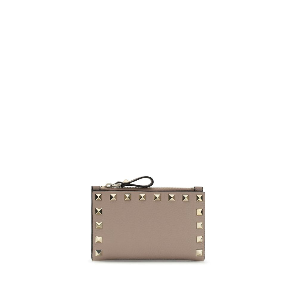 Valentino Garavani Beige Calf Leather Rockstud Zip Card Holder