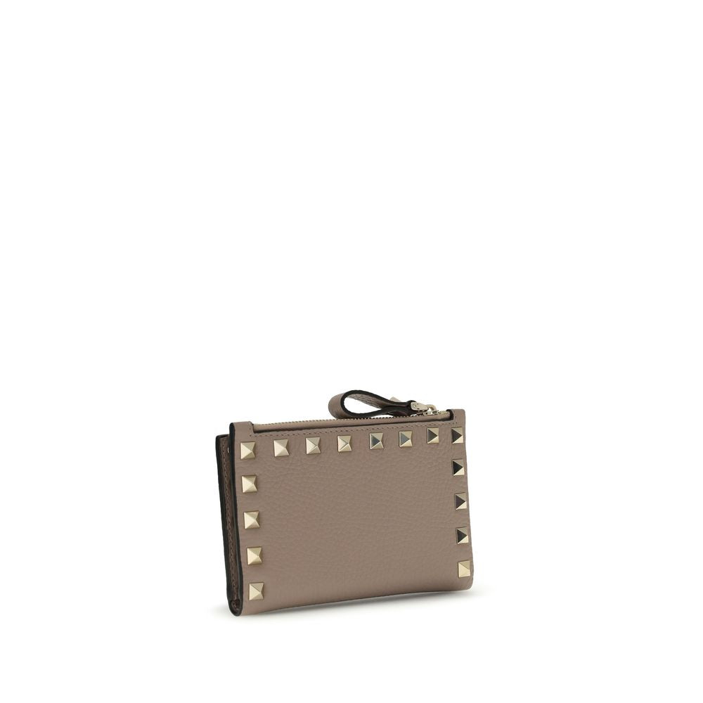 Valentino Garavani Beige Calf Leather Rockstud Zip Card Holder