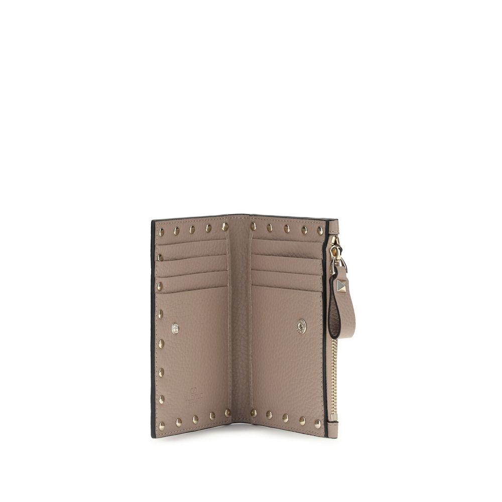 Valentino Garavani Beige Calf Leather Rockstud Zip Card Holder