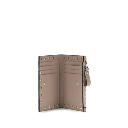 Valentino Garavani Beige Calf Leather Rockstud Zip Card Holder