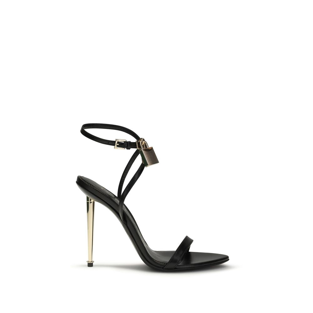 Tom Ford Black Pointy Stiletto Heel Sandals with Gold Padlock & Key Charm