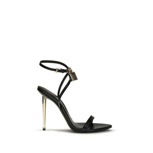 Tom Ford Black Pointy Stiletto Heel Sandals with Gold Padlock & Key Charm