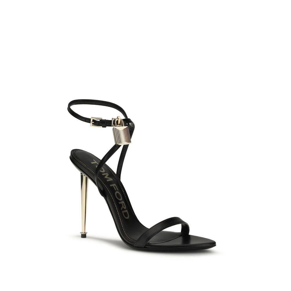 Tom Ford Black Pointy Stiletto Heel Sandals with Gold Padlock & Key Charm