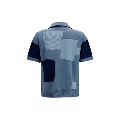 Laneus Blue Cotton Short-Sleeve Patchwork Cardigan
