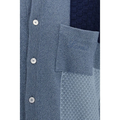 Laneus Blue Cotton Short-Sleeve Patchwork Cardigan