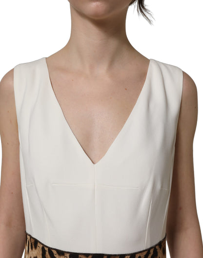 Dolce & Gabbana White Leopard Sleeveless Sheath Midi Dress