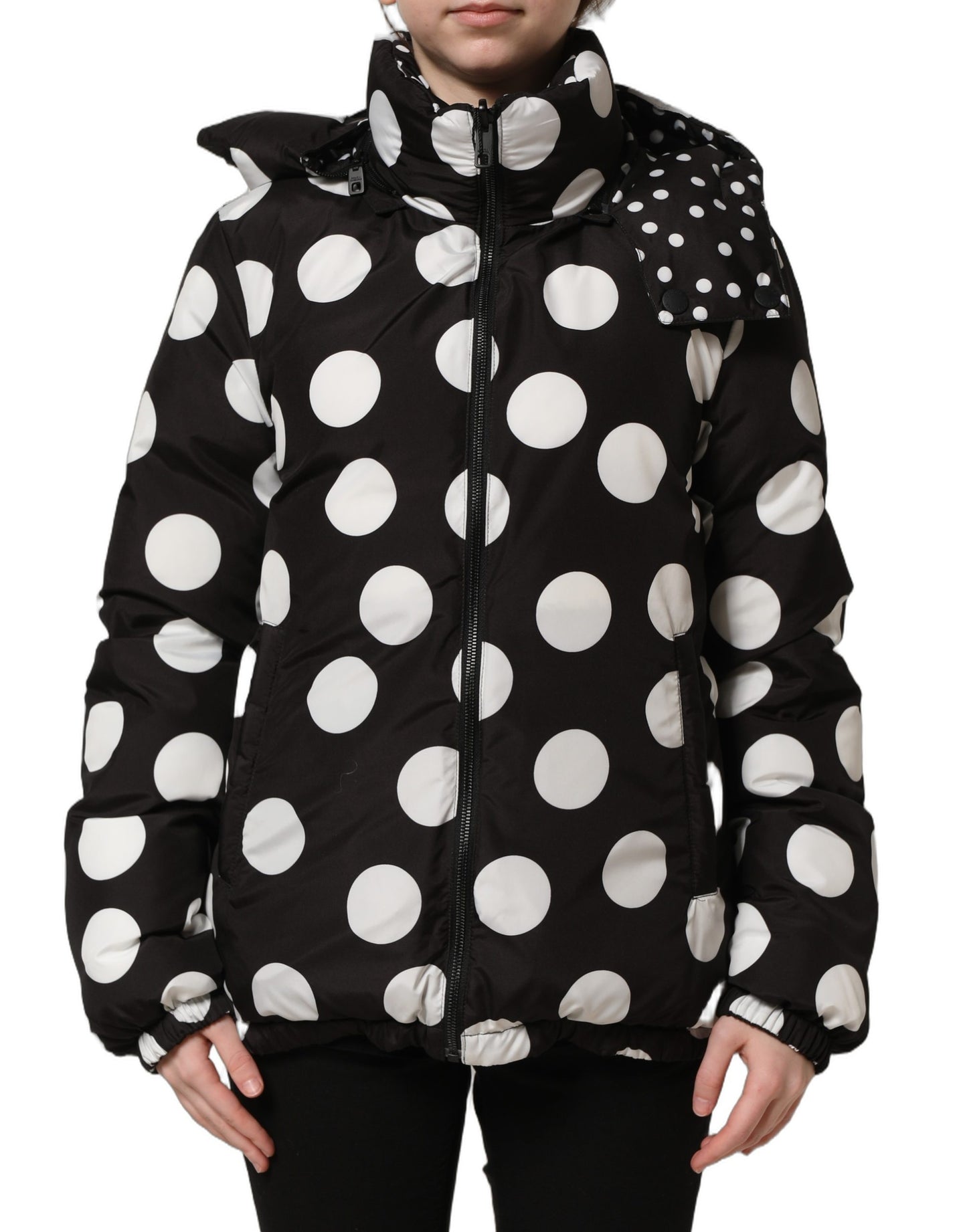 Dolce & Gabbana Black & White Polka Dot Hooded Blouson Jacket