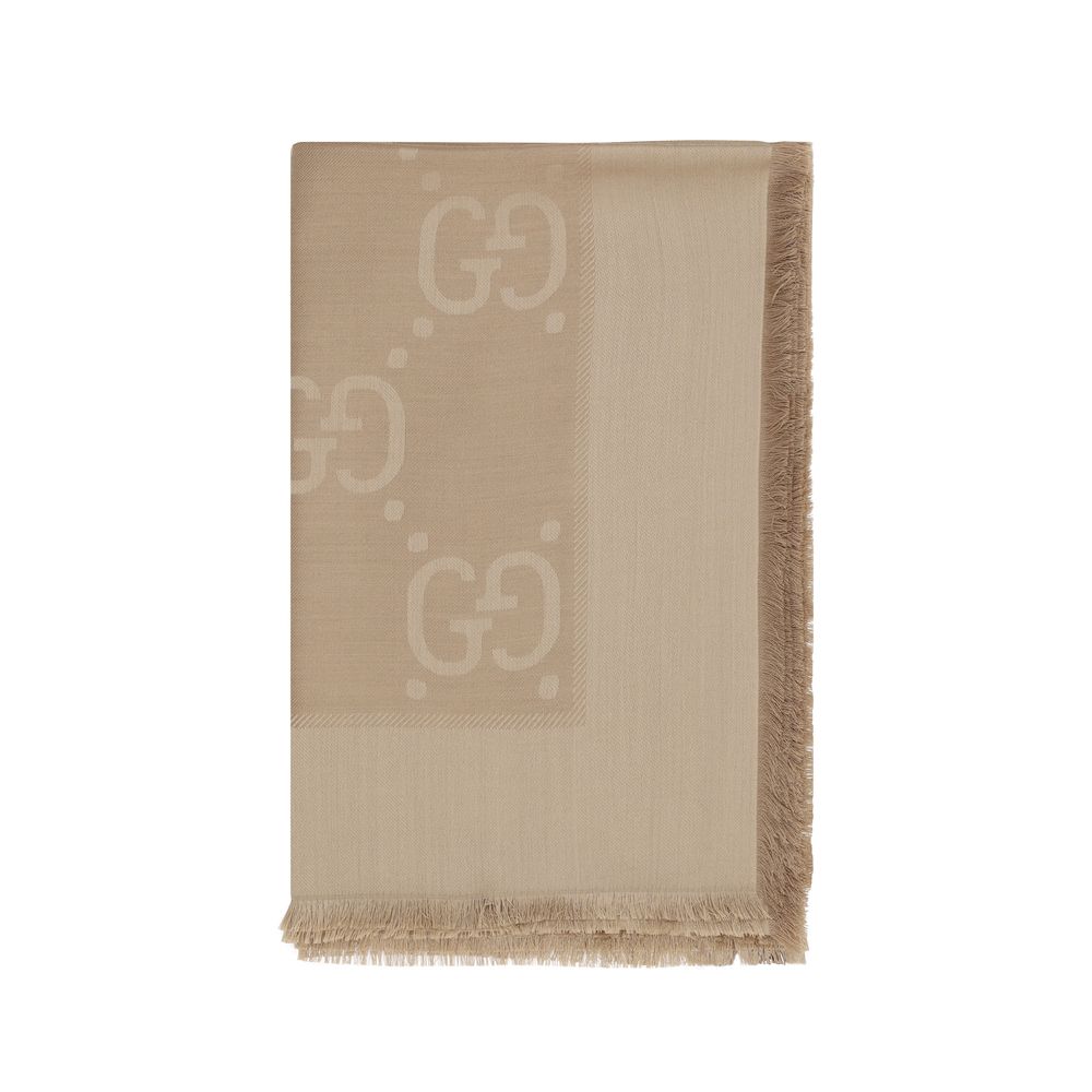 Gucci Camel Brown GG Jacquard Silk Wool Shawl Scarf