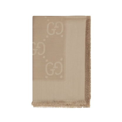 Gucci Camel Brown GG Jacquard Silk Wool Shawl Scarf