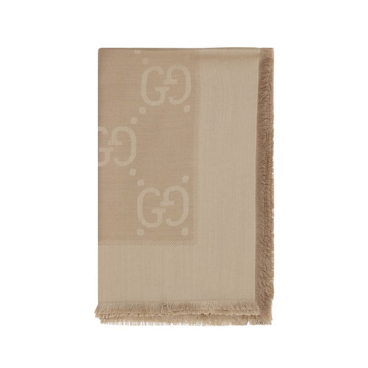 Gucci Camel Brown GG Jacquard Silk Wool Shawl Scarf