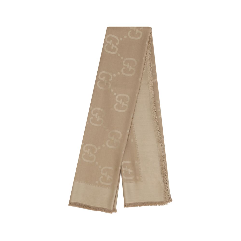 Gucci Camel Brown GG Jacquard Silk Wool Shawl Scarf