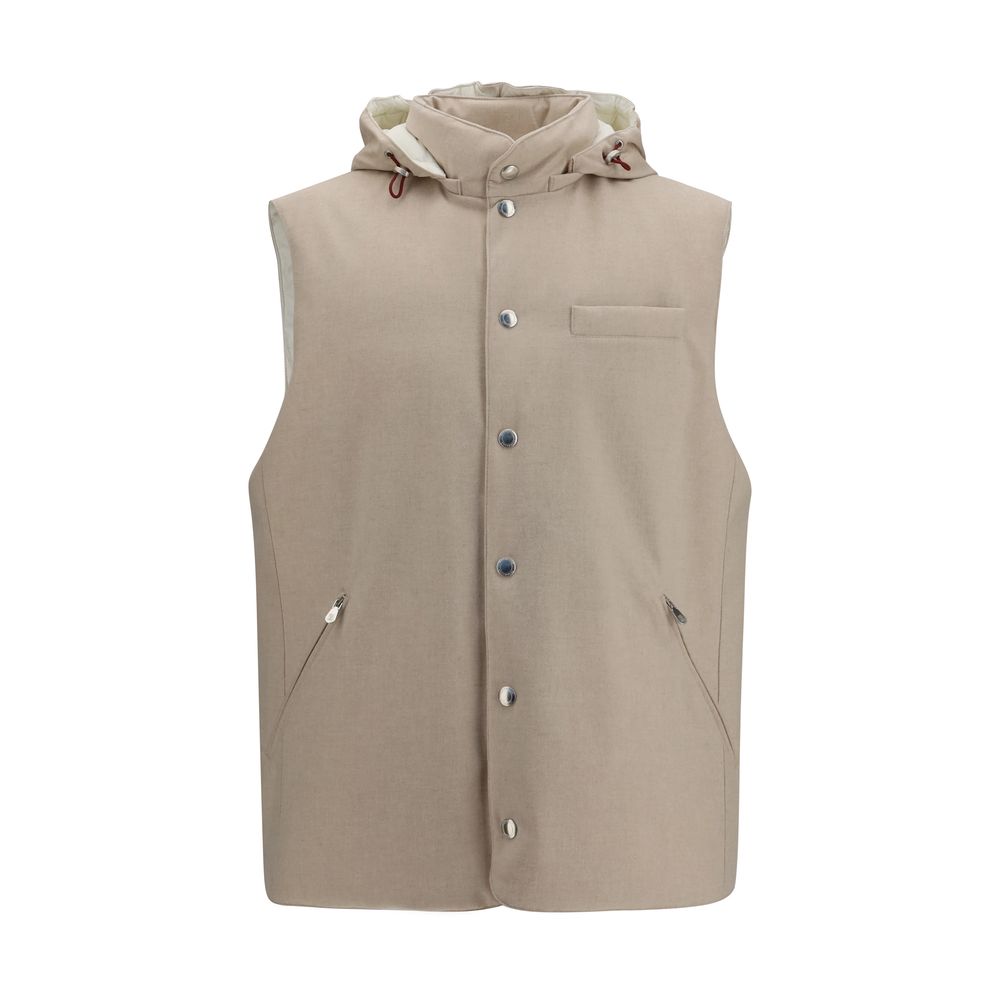 Brunello Cucinelli Beige Wool Gilet Sleeveless Button Up Hooded Jacket
