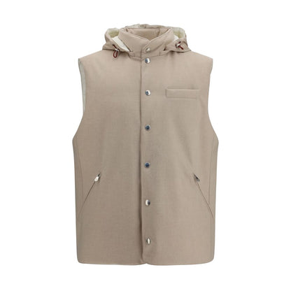 Brunello Cucinelli Beige Wool Gilet Sleeveless Button Up Hooded Jacket
