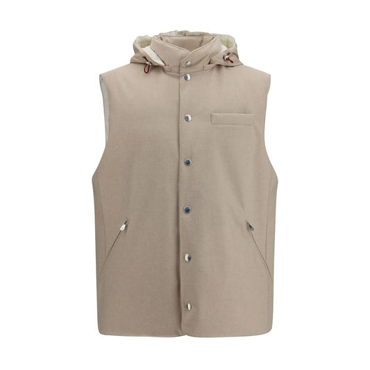 Brunello Cucinelli Beige Wool Gilet Sleeveless Button Up Hooded Jacket