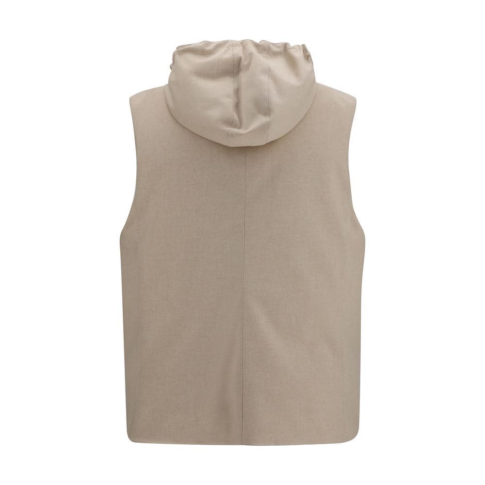 Brunello Cucinelli Beige Wool Gilet Sleeveless Button Up Hooded Jacket