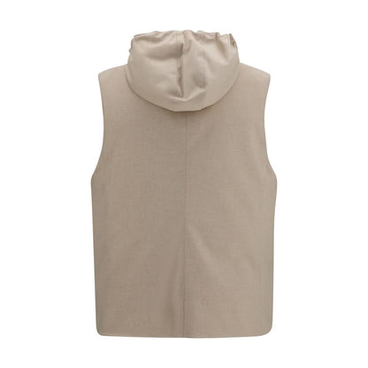 Brunello Cucinelli Beige Wool Gilet Sleeveless Button Up Hooded Jacket
